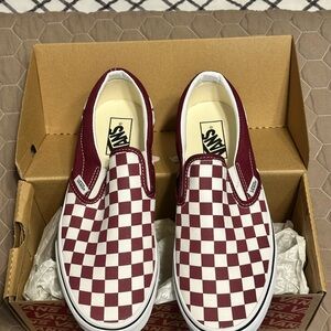 Vans Burgundy and White Checkered Slip-Ons